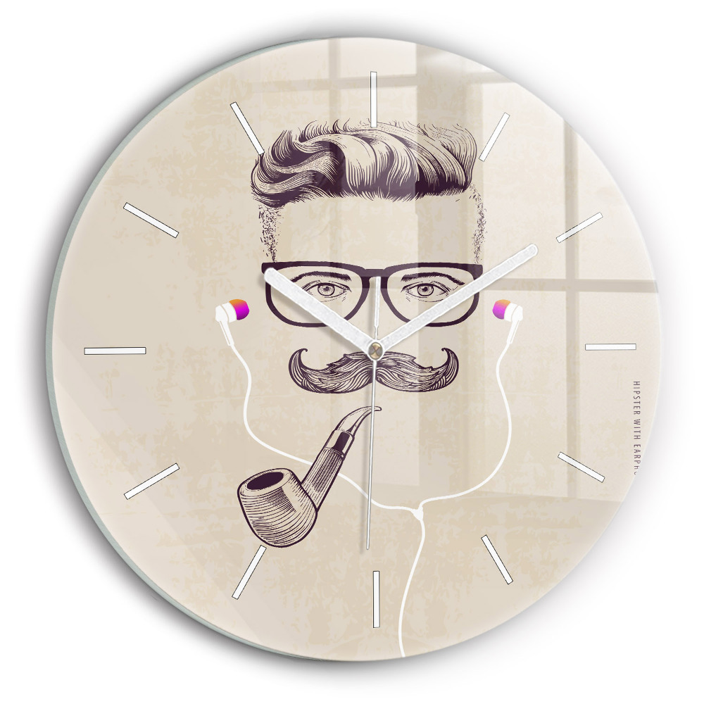 Vertikálne sklenené hodiny Hipster s fajkou a slúchadlami